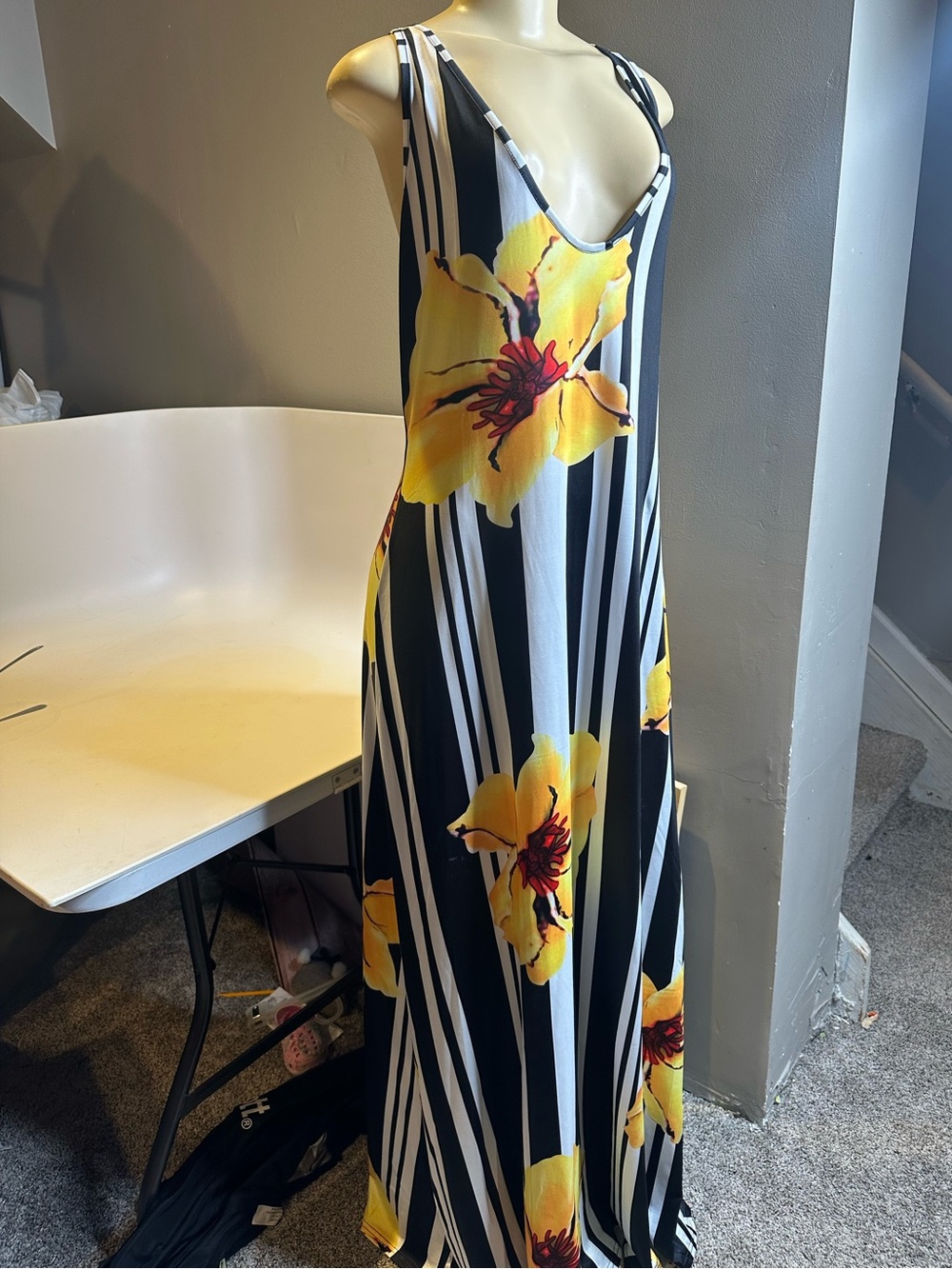 Black & White Striped Maxi Dress with Large Yellow Floral Print